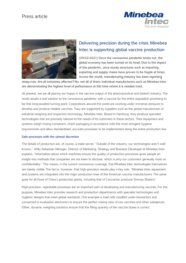 Preciznost tijekom krize: Minebea Intec podržava globalnu proizvodnju lijekova - Sartorius Croatia 